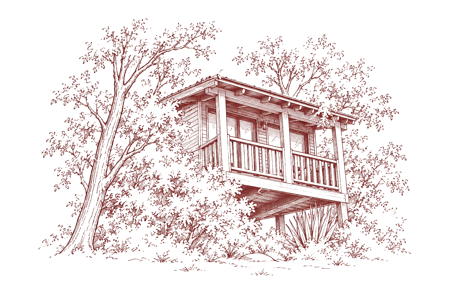Sketch de um bungalow de madeira entre árvores na Quinta do Padrão